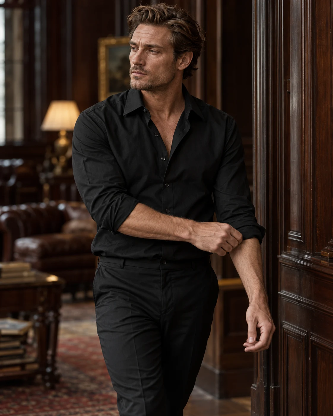Editorial concept: a man wearing a jet-black classic shirt.