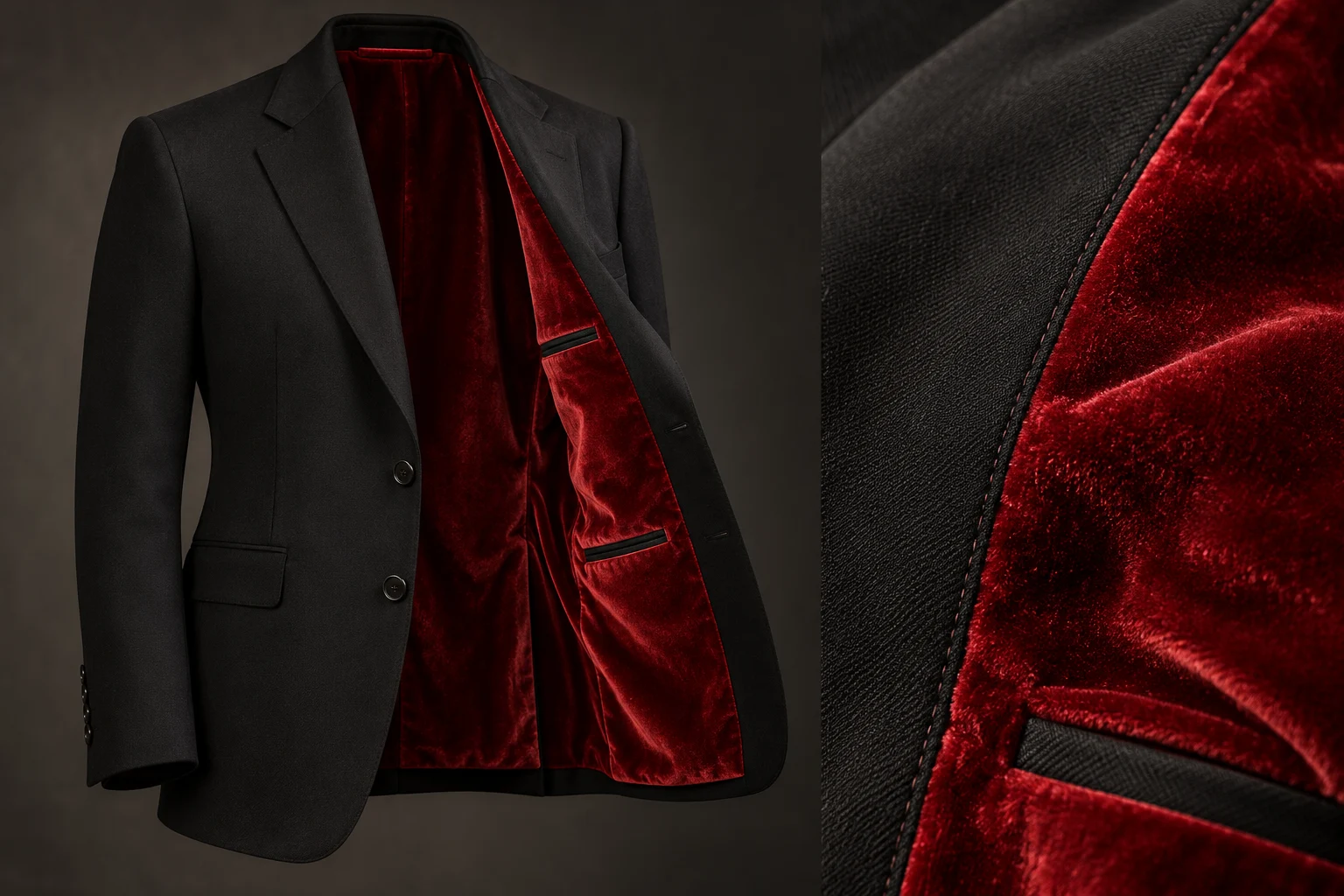 Concept: jet-black blazer with red velvet interior.
