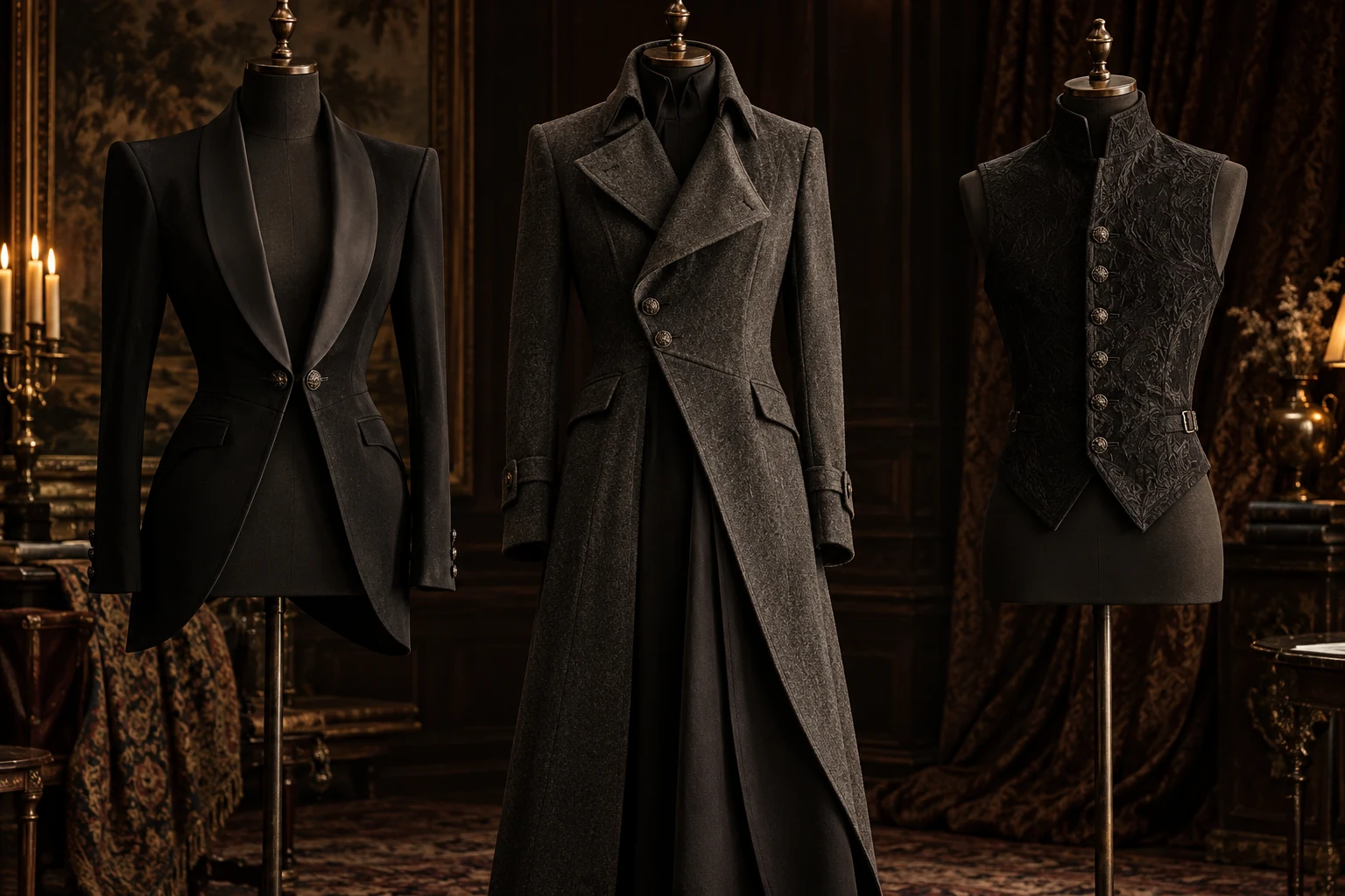 Concept study of a black structured evening jacket on a tailor’s mannequin.