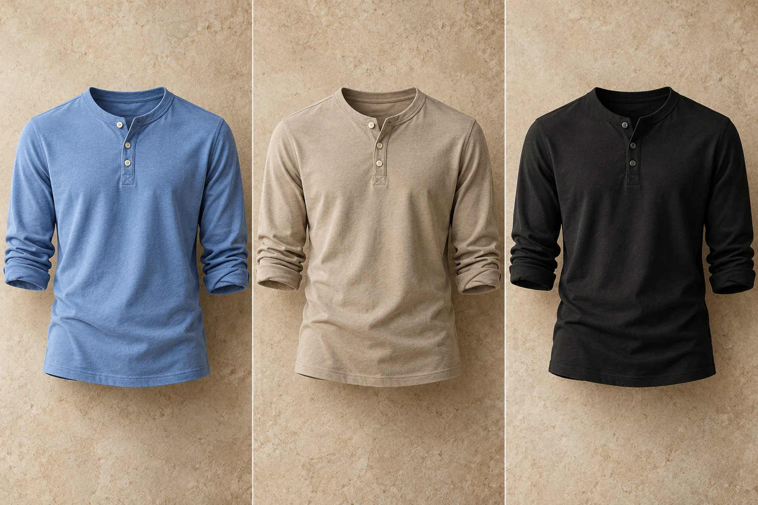 Concept: university blue, taupe and black three-button Henleys.