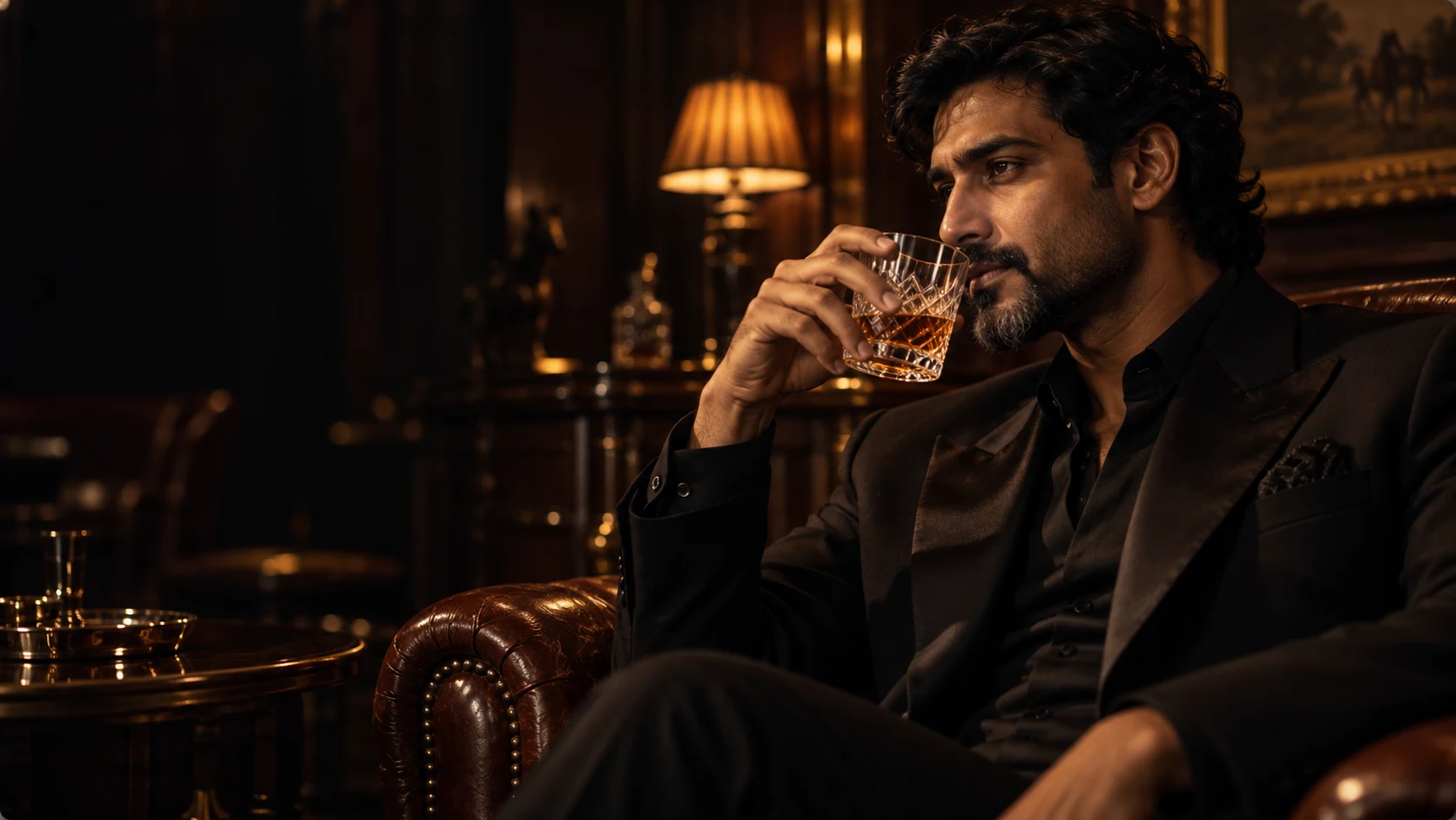 A man in evening tailoring holding a crystal whiskey glass in a dim private club.