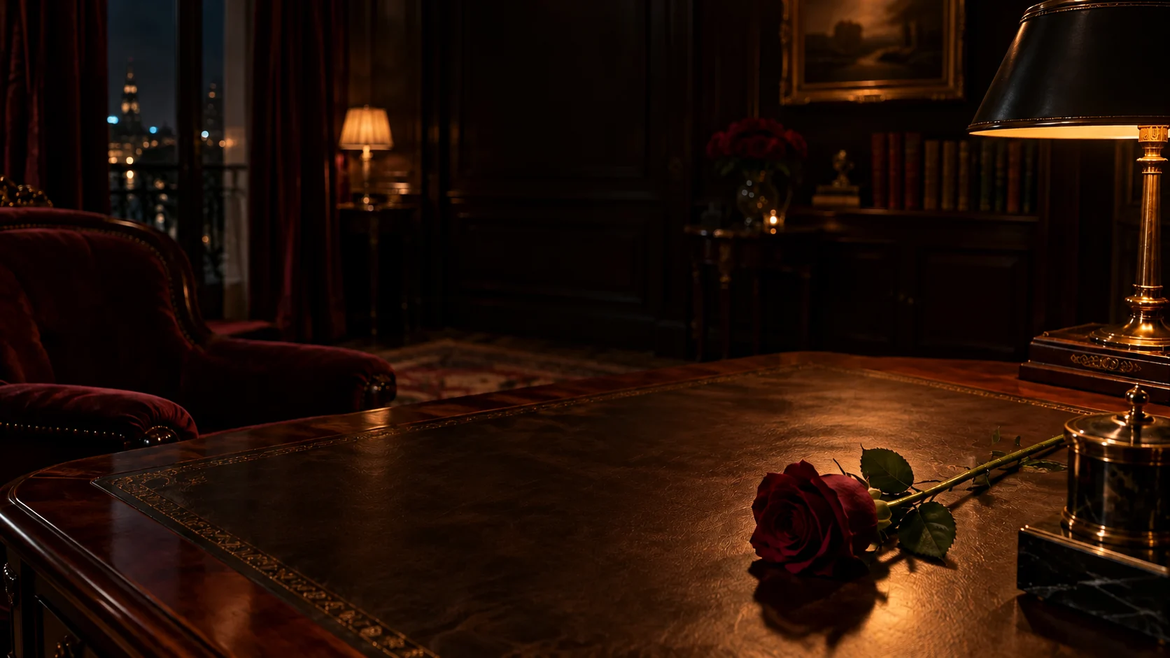 A quiet wood-panelled room with a burgundy rose on a writing desk.